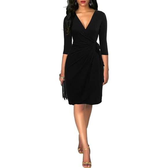 Women's 3/4 Sleeve V-Neck Casual Party Work Faux Black Wrap Dresses - Black - Picture 3 of 6